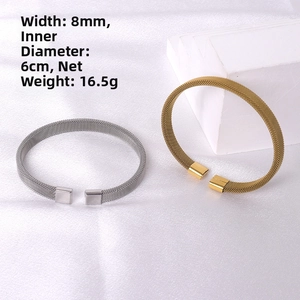 Detail view of 8mm mesh woven stainless steel open bracelets in gold and silver