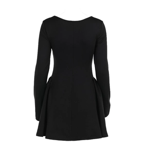 Back view of a black long-sleeve dress with a fitted waist and pleated skirt detail