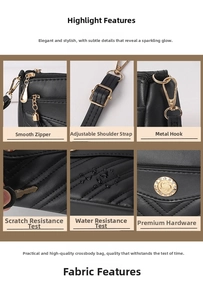 Detailed shot of black soft leather crossbody bag showing smooth zipper, adjustable strap.