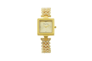 Detailed close-up of a luxury gold square watch featuring a sparkling rhinestone woven strap