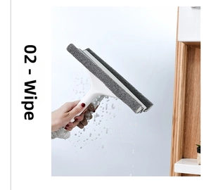 Detailopname van een multifunctionele raamtrekker met grijze vezelborstel voor glasreiniging