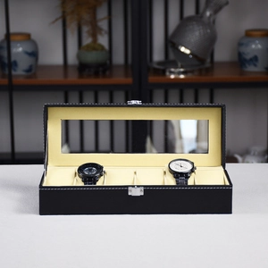 Premium black PU leather watch box with 6 slots and transparent top glass display