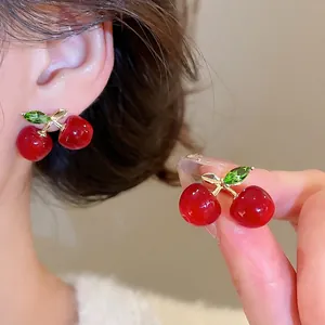 Cherry Shape Stud Earrings For Women With Red Resin Fruit Green Zircon Leaves And Silver Earring Post Elegant Jewelry