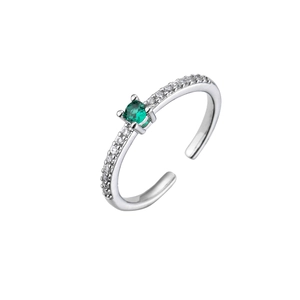 Close-up of adjustable silver ring featuring a round green gemstone and pavé zircon stones