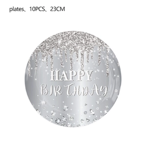 Silver diamond birthday party plates 10pcs 23cm set with Happy Birthday glitter design