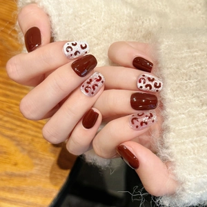 Handmade Press On Nails Burgundy Red Glossy Leopard Pattern Silver Glitter Coffin Artificial False Nails For Women
