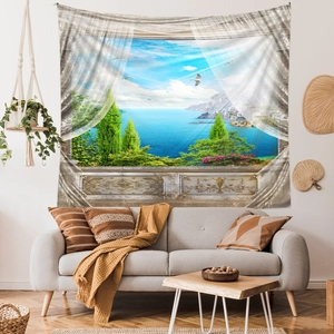 Detail of wall tapestry featuring Mediterranean sea view and white birds in living room