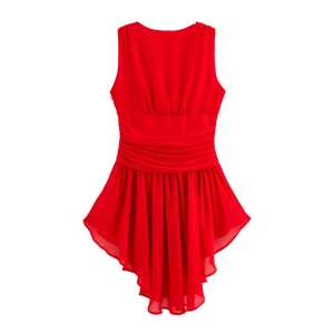 Sexy red sleeveless round neck mini dress with pleated waist and asymmetrical hemline