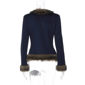 Slim fit dark blue jacket with brown faux fur trim on collar and cuffs, back view detail