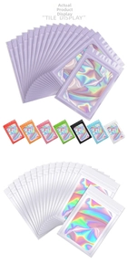 Tile display of colorful laser holographic pouches with transparent windows and zip locks