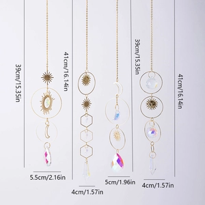 Detailed view of sun and moon crystal suncatchers showing specific size measurements