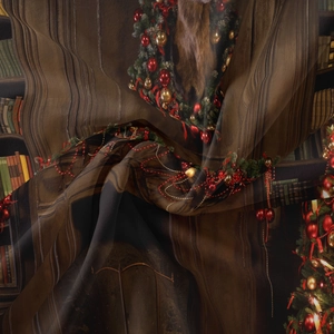 Close-up of festive Christmas tapestry fabric showing silk texture and warm holiday print