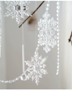 Close-up of crystal clear hanging snowflakes with delicate festive winter textures