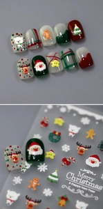 3D relief Christmas nail stickers featuring Santa, reindeer and snowflakes patterns