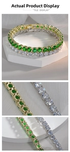 Macro view of 18K gold and silver tennis bracelets with green emerald and white cubic zirconia