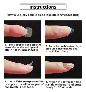 Guide showing 4 steps for applying press-on nails using double-sided jelly glue stickers