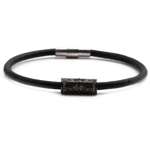 Men's black braided leather bracelet with gun-black magnetic clasp and zircon beads