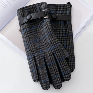 Classic British plaid wool gloves for men with touchscreen leather wrist strap in winter