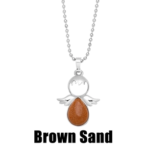Detail of silver angel necklace featuring a pear-shaped brown sandstone and bead chain
