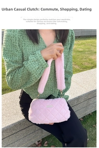 Close-up of pink faux fur quilted shoulder bag with elegant gold metal chain and hardware