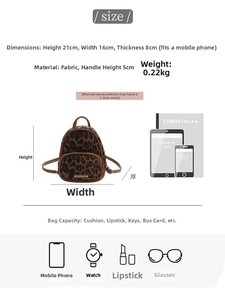 Detailed size chart for the leopard print mini backpack showing dimensions and capacity