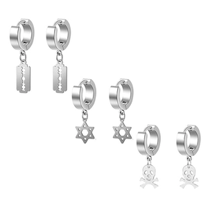 Three pairs of silver stainless steel earrings with razor, star, and skull pendants
