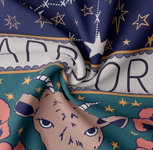 Macro detail of soft flannel fabric with Capricorn zodiac print and vibrant textile texture