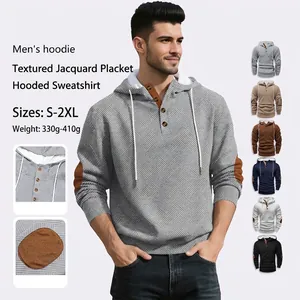 Felpa Con Cappuccio In Jacquard Testurizzato Da Uomo Con Colletto Henley A Bottoni E Toppe Sui Gomiti Pullover