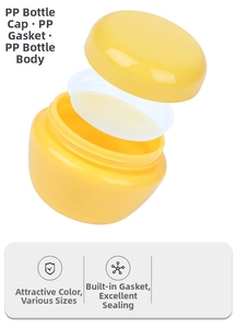 Detailed view of yellow mushroom cosmetic jar components including PP lid, gasket and base