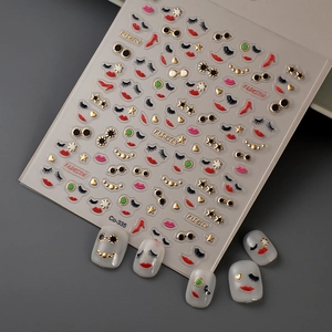3D nail stickers Co-335 with red lips, golden fashion icons and eyelash designs