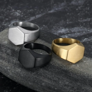Minimalist hexagonal brushed stainless steel signet rings in silver, gold and black