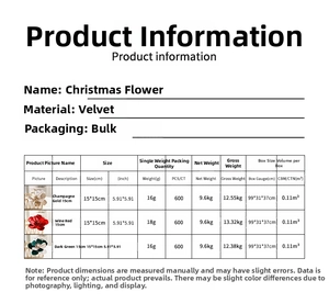 Tableau des tailles pour fleurs de Noël en velours 15cm avec dimensions et poids précis
