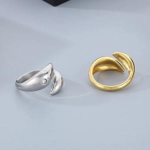Hip hop style 18k gold and silver stainless steel open dolphin ring with diamond accent