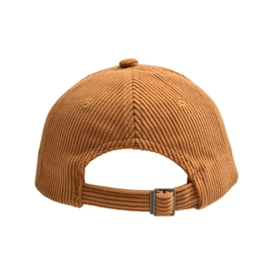 Close-up of brown corduroy baseball cap back with adjustable strap and metal buckle