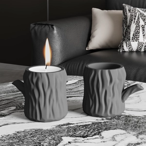 Moderne Silikonform in Baumstumpf-Optik für DIY-Kerzen und graue Baumrinden-Blumentöpfe