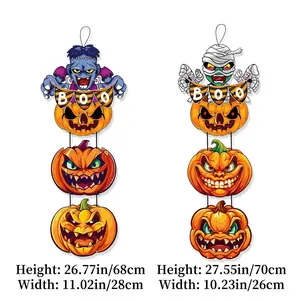 Set of two tiered Halloween door hangers featuring Frankenstein, mummy and pumpkins