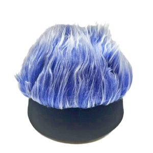 Detail showing the blue and white gradient synthetic hair on a black hip-hop wig hat