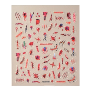 3D realistic Halloween scar nail art stickers with bloody wound and suture designs