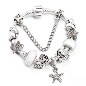 Elegant Silver Plated Charm Bracelet For Women Rhinestone Star Moon Heart Pendant Snake Chain DIY Jewelry Wedding Gift