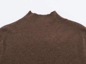 Macro shot of brown ribbed knit texture and soft neckline finish on this sweater