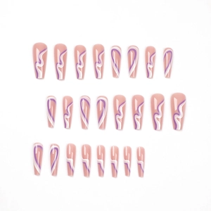 24pcs long coffin press on nails featuring white and purple abstract wavy fluid lines
