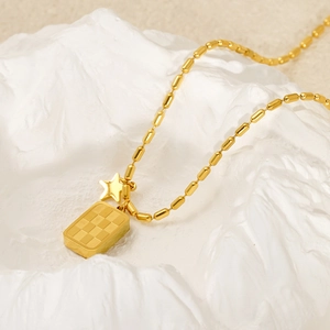 Golden stainless steel checkerboard square pendant necklace with star charm on bead chain