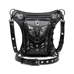 Steampunk black PU leather waist leg bag with skull patterns and metal chain rivets