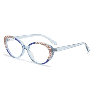 Cat eye blue-light blocking glasses with geometric pattern and translucent blue frames