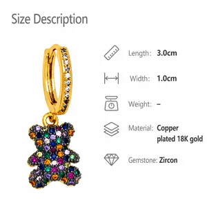 Detailed view of 18K gold plated bear earrings with colorful zircon stones and dimensions