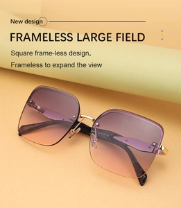 Detail of square rimless sunglasses with purple gradient lenses and gold metal bridge