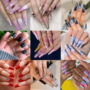 Press On Nails Long Coffin Almond Square Shapes Gradient Marble Rhinestone Flower Butterfly Artificial Fake Fingernails