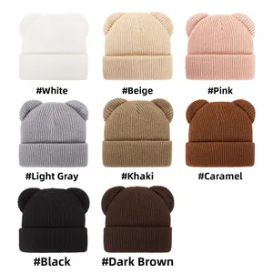 Detailed grid view showcasing eight available colors of knitted baby bear ear winter hats