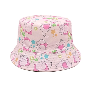 Detailed view of pink cotton sun hat with cute cartoon elephant patterns and stitching