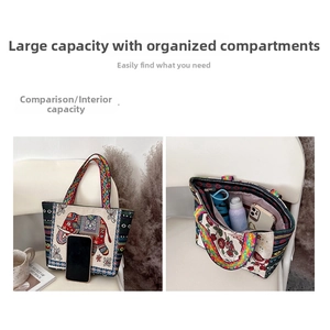 Detailed internal view showing large capacity and compartments of the embroidered tote bag